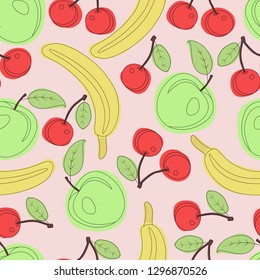 Seamless vector pattern of apples, bananas and cherries on pink background for design, decoration, scrapbooking, packaging and fabric