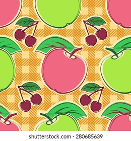 Seamless vector pattern with apples and cherry. Template for design fabric, backgrounds, wrapping paper, package, covers, cards, invitations and scrapbooks.