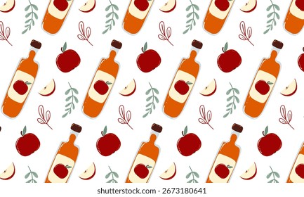Seamless Vector Pattern with Apples, Leaves, and Apple Cider
