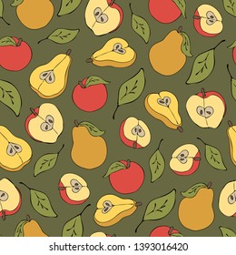 Seamless vector pattern with apples and pears on green background. Simple wallpaper design with fruit. Health eating.