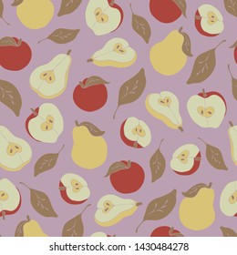 Seamless vector pattern with apples and pears on light purple background. Healthy food wallpaper design with fruits. Simple fresh fashion textile.