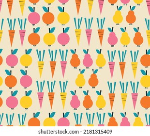 Seamless vector pattern with apples, pears and carrots in retro orange, bright pink and yellow with blue leaves on a vintage beige background. Healthy fruit and vegetable background.