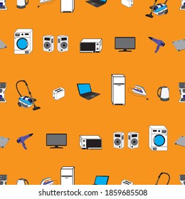Seamless vector pattern. Appliances. Isolated on orange background. Vector graphics.