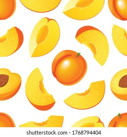 Seamless vector pattern with apricots and apricot slices on a white background.