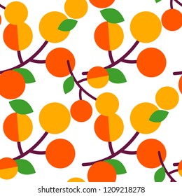 Seamless vector pattern with apricots on white background. Primitive design. Summer garden. Cute cartoon. Can be used for wallpaper, textile, invitation card, wrapping, web page background.