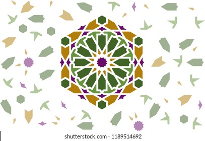 Seamless vector pattern. Arabian pattern with pale color arabesque tile disintegration and bright central element