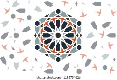 Seamless vector pattern. Arabian pattern with pale color arabesque tile disintegration and bright central element