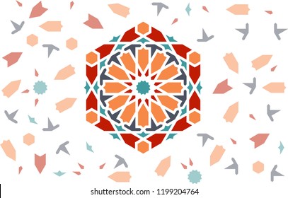 Seamless vector pattern. Arabian pattern with pale color arabesque tile disintegration and bright central element