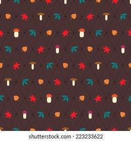 Seamless vector pattern with argyle elements, mushrooms and leaves. Simple decorative seasonal pattern. Minimalistic colorful autumn background. 