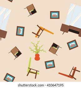 Seamless vector pattern with armchairs, paintings, mirrors and nightstand