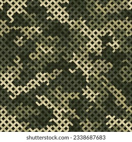 Seamless vector pattern for army fabric and design. Mesh net camouflage cover. Modern spotted tan and olive forest print with camouflage mesh texture imitation. Abstract military camo background