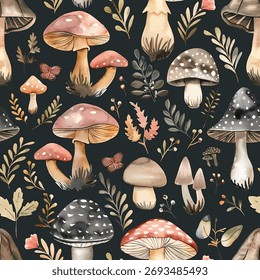 Seamless vector pattern of array of mushrooms in delicate watercolor style. Each mushroom ranging from vibrant reds to subtle browns intricately detailed. Fungi and lush green leaves and small florals