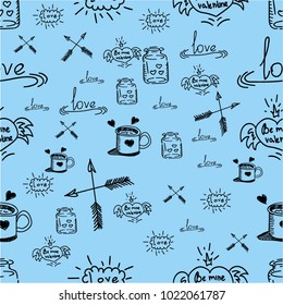 Seamless vector pattern with arrows, cup of tea or coffee, hearts, captions: love on a blue background. St Valentine's Day