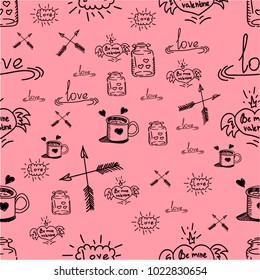 Seamless vector pattern with arrows, cup of tea or coffee, hearts, captions: love on a pink background. St Valentine's Day