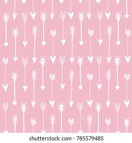 Seamless vector pattern of arrows on a pink background. Hand drawing.