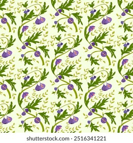 A seamless vector pattern in the Art Craft style featuring branches and fig fruits. It can be used for interior textiles, wallpaper printing, greeting cards, and stationery.