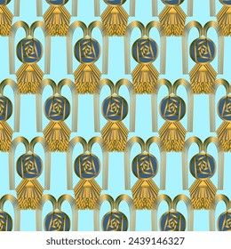 Seamless vector pattern, art deco style ornament with glasgow roses and fountains in trendy colors. Suitable for interior, wallpaper, fabrics, clothing, stationery.