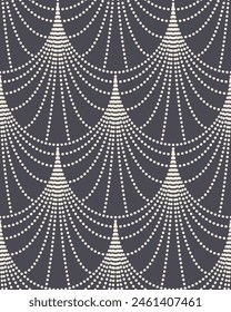 Seamless vector pattern with art deco sunburst formed by white dotted line on a dark gray background