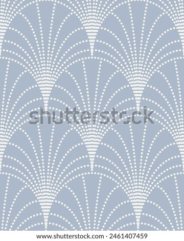 Seamless vector pattern with art deco sunburst formed by white dotted line on a blue background