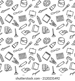 Seamless vector pattern with Art materials. For fabric, paper, wrap, textile, poster, scrapbooking, wallpaper or background, for web site or mobile app.