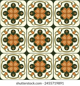 Seamless vector pattern in art nouveau style. Vector slabs with complex symmetrical patterns are suitable for seamless printing. Interweaving of orange and green elements on a light yellow background.