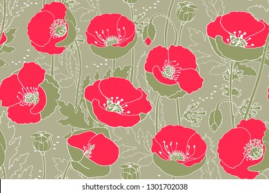 Seamless vector pattern with art poppy. Bright red and scarlet juicy isolated poppies with green leaves and heads on olive meadow. Prairie background field.