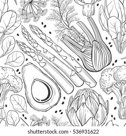 Seamless vector pattern  with artichoke, spinach, broccoli, fennel, avocado and asparagus. Black and white vector illustration.