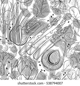 Seamless vector pattern  with artichoke, spinach, broccoli, fennel, avocado and asparagus. Black and white vector illustration.
