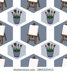 Seamless vector pattern with artist easels and paintbrush holders in hexagonal tiles