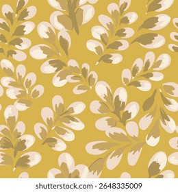 Seamless vector pattern with artistic beige and taupe leaves on a mustard yellow background. Design for textile, prints, packaging, wallpapers, natural themed branding