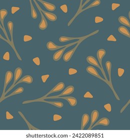 Seamless vector pattern with artistic branch on dark blue background. Simple modern floral wallpaper design. Decorative abstract twig fashion textile.