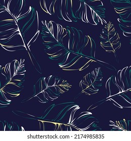 Seamless vector pattern with artistic feather on dark blue background. Simple leaf wallpaper texture. Decorative home decor fashion textile.