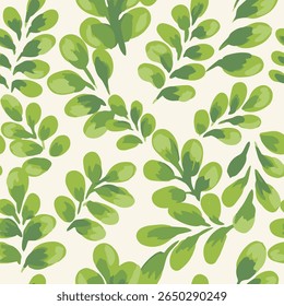 Seamless vector pattern with artistic green leaves on a white background. Design for textile, packaging, prints, wallpapers, natural themed branding