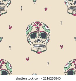 Seamless vector pattern with artistic skull on light yellow background. Simple traditional holiday wallpaper design. Decorative textured Mexican fashion textile.