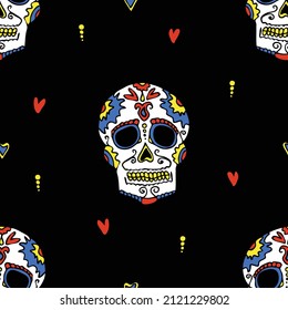 Seamless vector pattern with artistic skull head on black background. Hand drawn mexico tradition wallpaper design. Decorative Halloween fashion textile.