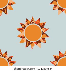 Seamless vector pattern with artistic sun on blue background. Simple creative summer wallpaper design. Happy weather fashion textile.
