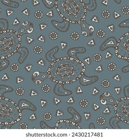 Seamless vector pattern with artistic turtle on grey background. Outline animal tribal wallpaper design. Decorative ethnic fashion textile.