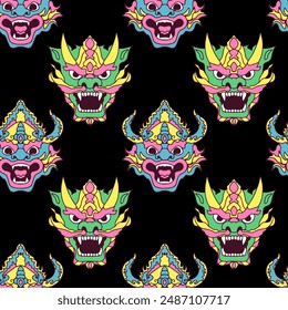 Seamless vector pattern with Asian demon masks.