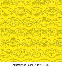 Seamless vector pattern with Asian food Dim Sum. Hand drawn Yang cha illustration.