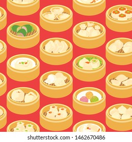 Seamless vector pattern with Asian food Dim Sum. Hand drawn Yang cha illustration.