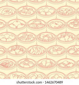 Seamless vector pattern with Asian food Dim Sum. Hand drawn Yang cha illustration.