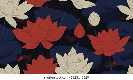 Seamless vector pattern of an Asian lotus flowers with ink line texture. Elegant background design inspired by traditional oriental art. Chinese or japanese border.