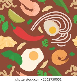 Seamless Vector Pattern of Asian Soup Components Including Noodles, Eggs, Shrimp, and More