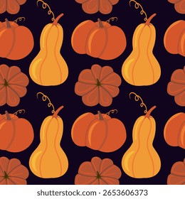 Seamless vector pattern of assorted cartoon pumpkins and gourds in fall colors with swirling vines on a dark purple background. Ideal for autumn harvest themes and festive seasonal decor.