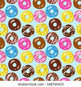 Seamless vector pattern of assorted doughnuts with different toppings (birthday party, wedding celebration, wrapping paper, textile, wallpaper design)