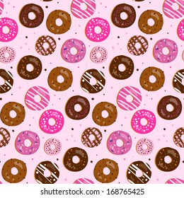 Seamless vector pattern of assorted doughnuts with different toppings (birthday party, wedding celebration, wrapping paper, textile, wallpaper design)