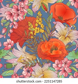 Seamless vector pattern of assorted flowers. Poppy, lily, apple tree blossom