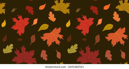 Seamless vector pattern of assorted leaves in a seasonal theme on a dark brown background. Perfect for autumn designs, textiles, wrapping paper, backgrounds, and natural-themed projects.