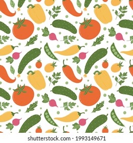 Seamless vector pattern of assorted summer vegetables in flat cartoon style.