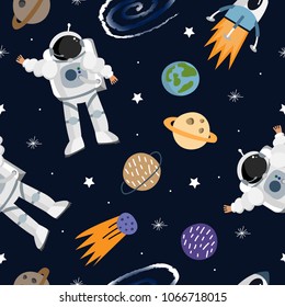 Seamless vector pattern with an astronaut, planets, stars, rocket. Space pattern.